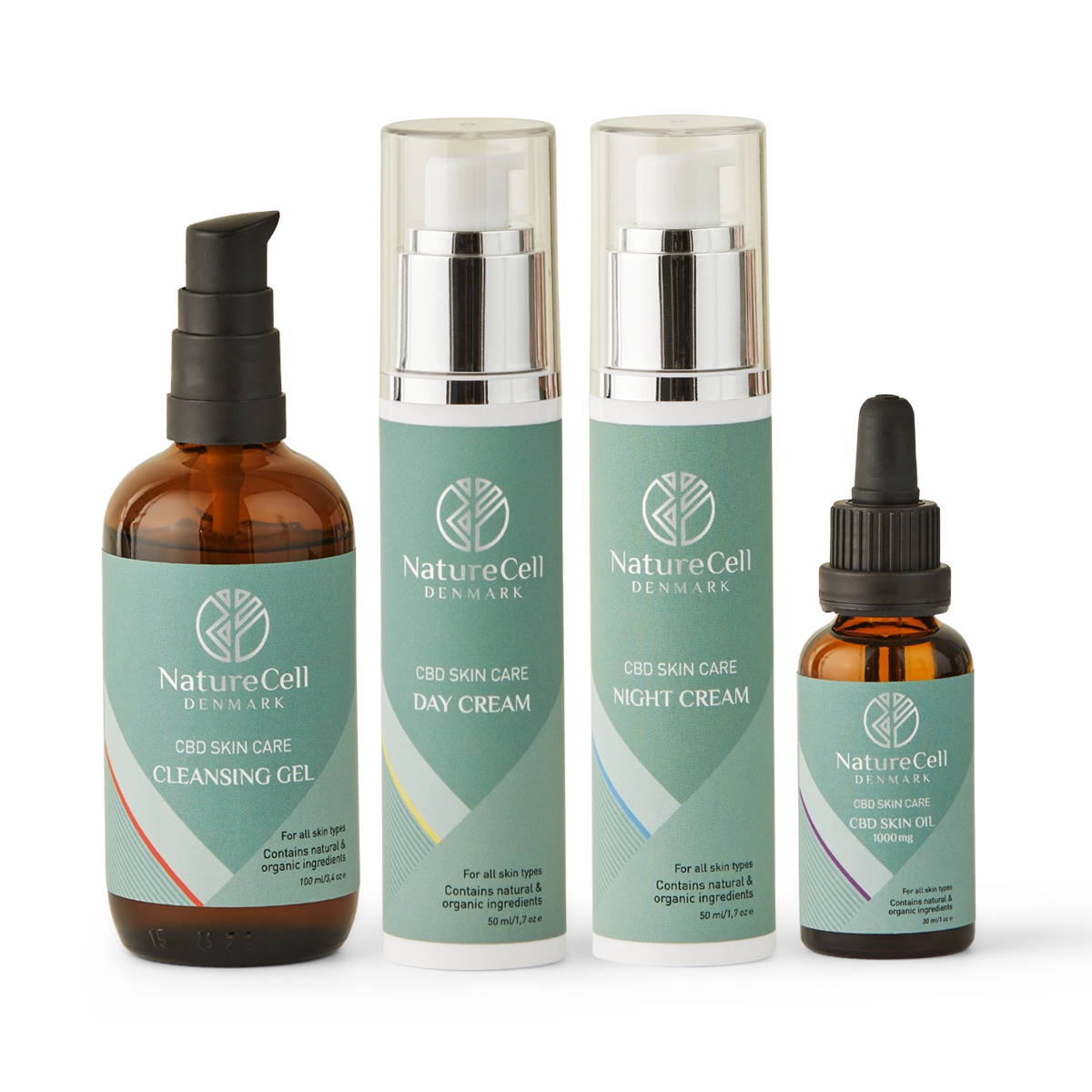 Komplet CBD Hudpleje | Indhold: Dagcreme, Natcreme, Rensegel og Hudpleje olie 1000mg