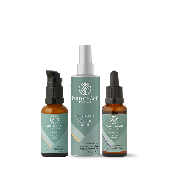 Hel Kropspleje med CBD & CBG | Indhold: CBD Hudpleje oile 1000 ml, CBD Body oil og CBG Eye Gel